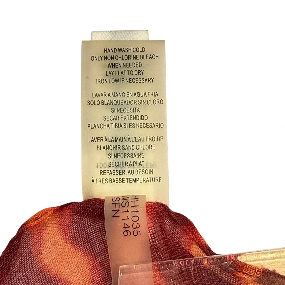 Calvin Klein Lightweight Scarf Red Orange Pattern Fringe Hem Gold Logo Charm